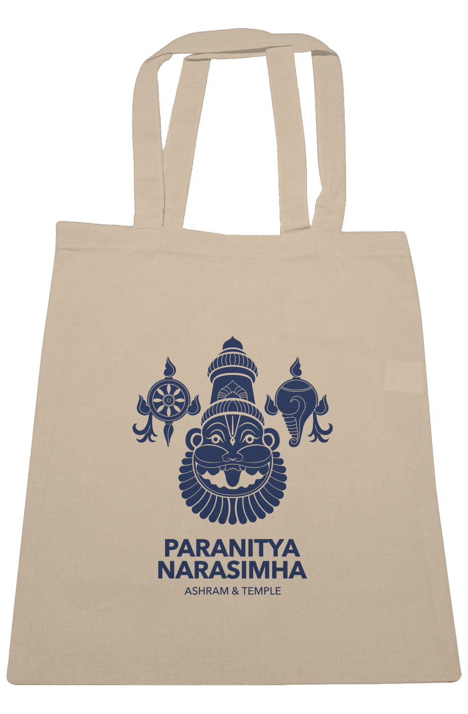 Natural cotton canvas tote with navy Lord Narasimha print and Paranitya Narasimha Ashram & Temple logo - Bhakti Shop