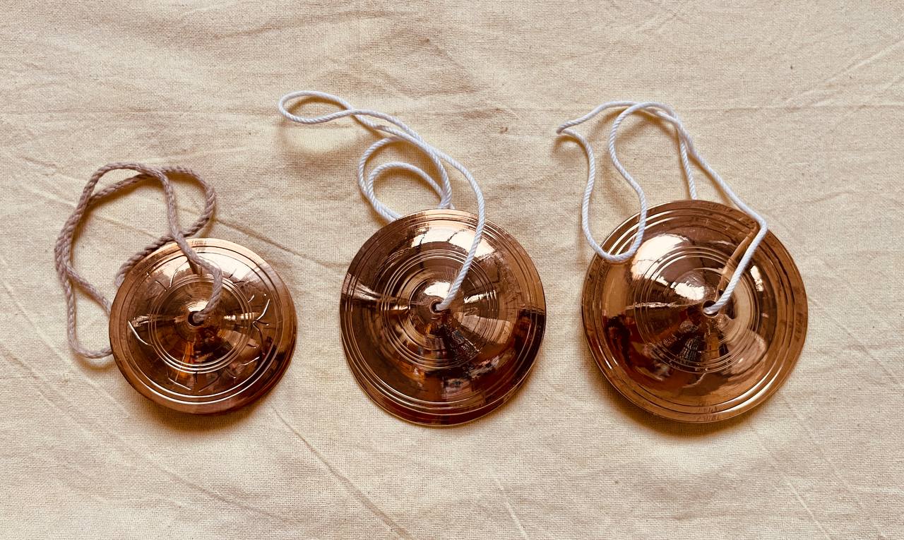 Small brass manjeeras 2.5 inch pair on neutral background - Bhakti Shop