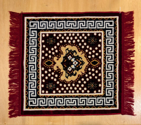 Burgundy meditation carpet with black border and gold medallion center, 20.5 inches square, fringe edges - Bhakti Shop