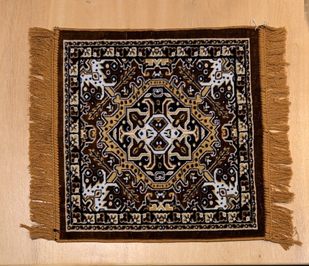 Brown and gold meditation carpet with octagonal star medallion center and warm amber fringe border - Bhakti Shop