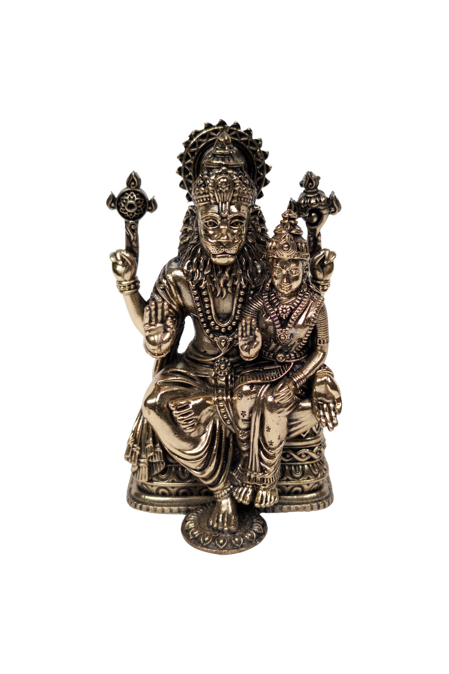 Ashtadhatu Lakshmi Narasimha murti, front view, 4 inches tall, antique gold finish - Bhakti Shop