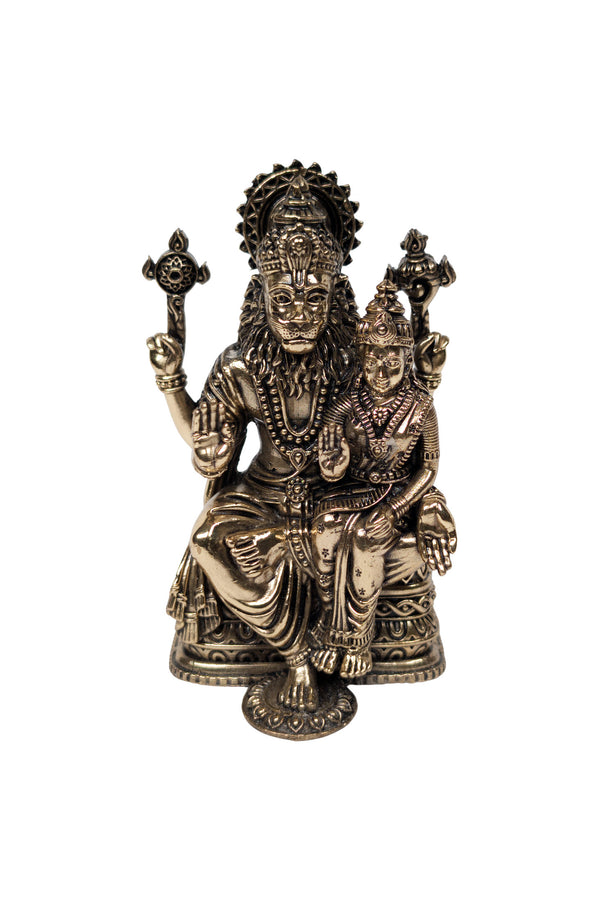 Ashtadhatu Lakshmi Narasimha murti, front view, 4 inches tall, antique gold finish - Bhakti Shop