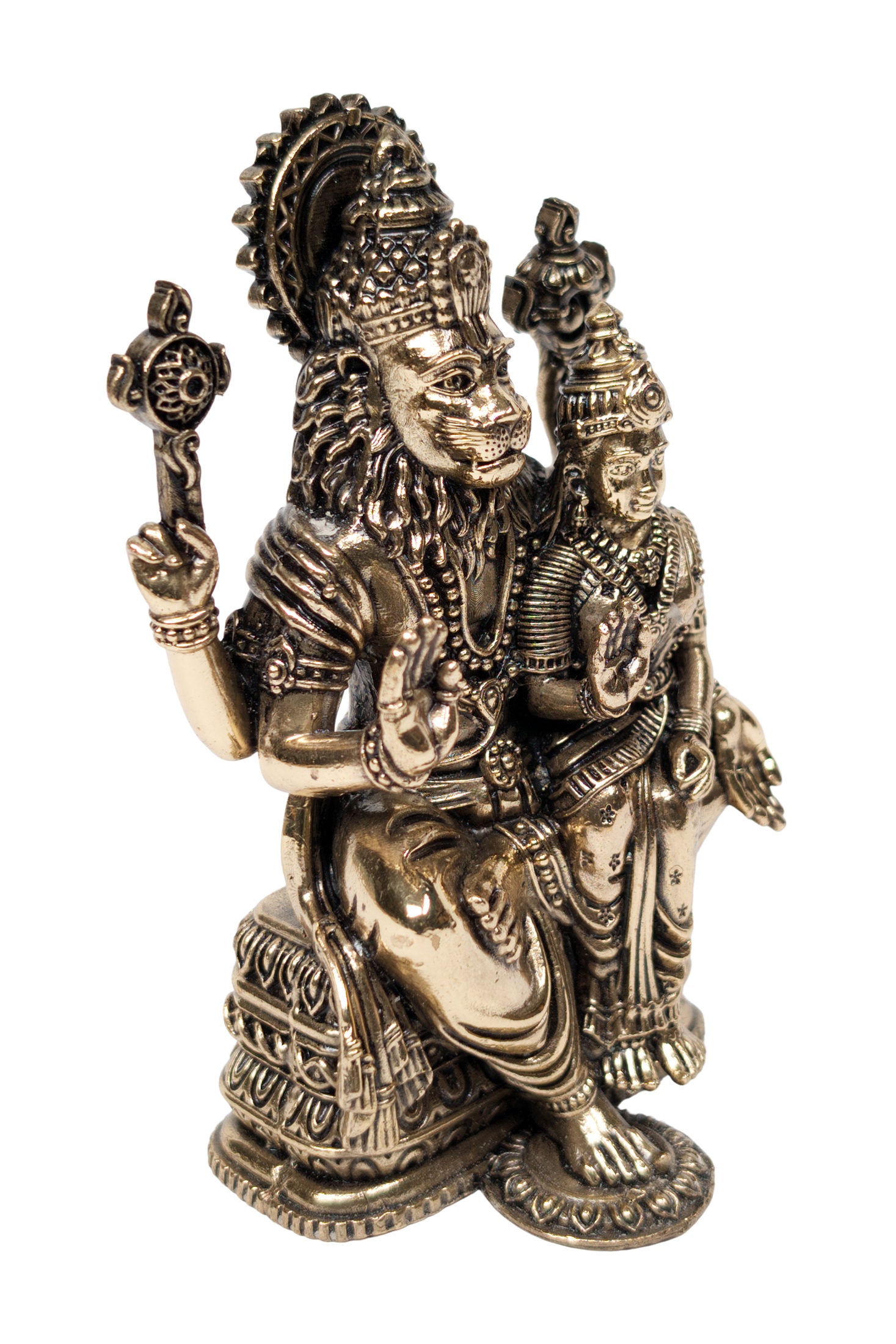 Lakshmi Narasimha ashtadhatu statue, right side angle showing lion face and Lakshmi detail - Bhakti Shop