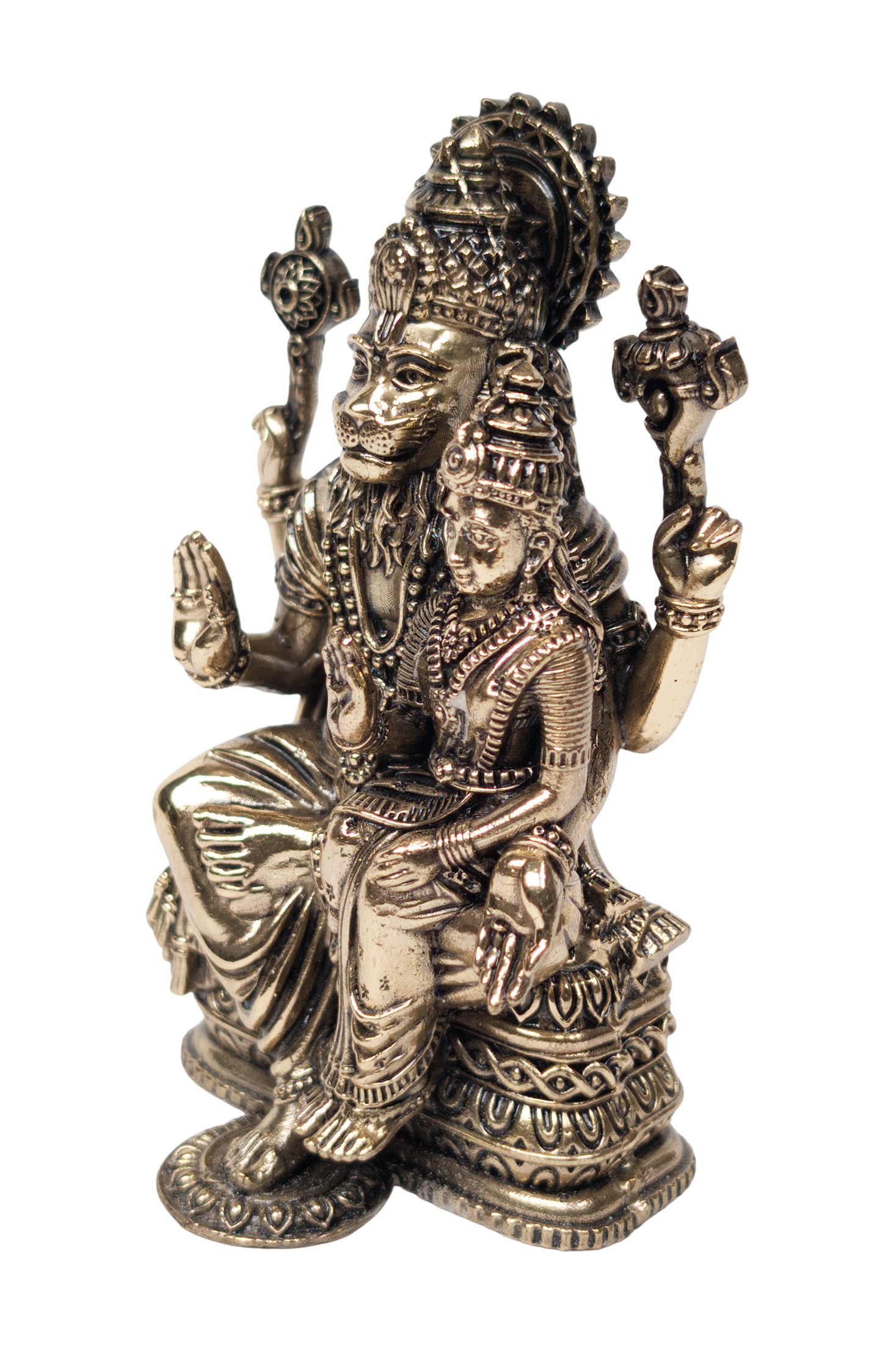 Lakshmi Narasimha murti left angle view, four arms visible with conch and chakra, ornate crown - Bhakti Shop