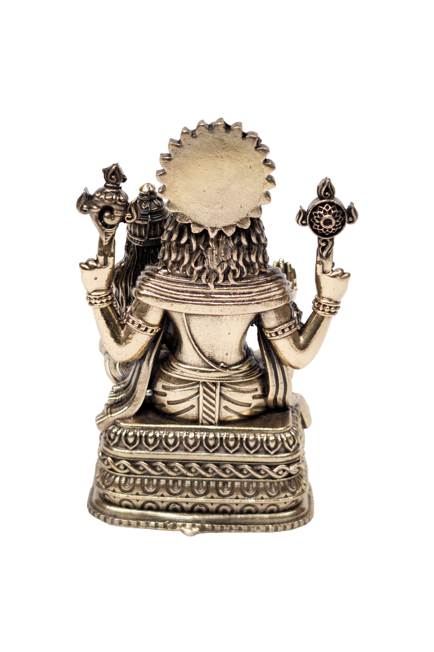 Back view of ashtadhatu Narasimha murti showing engraved lotus base and four-armed form - Bhakti Shop