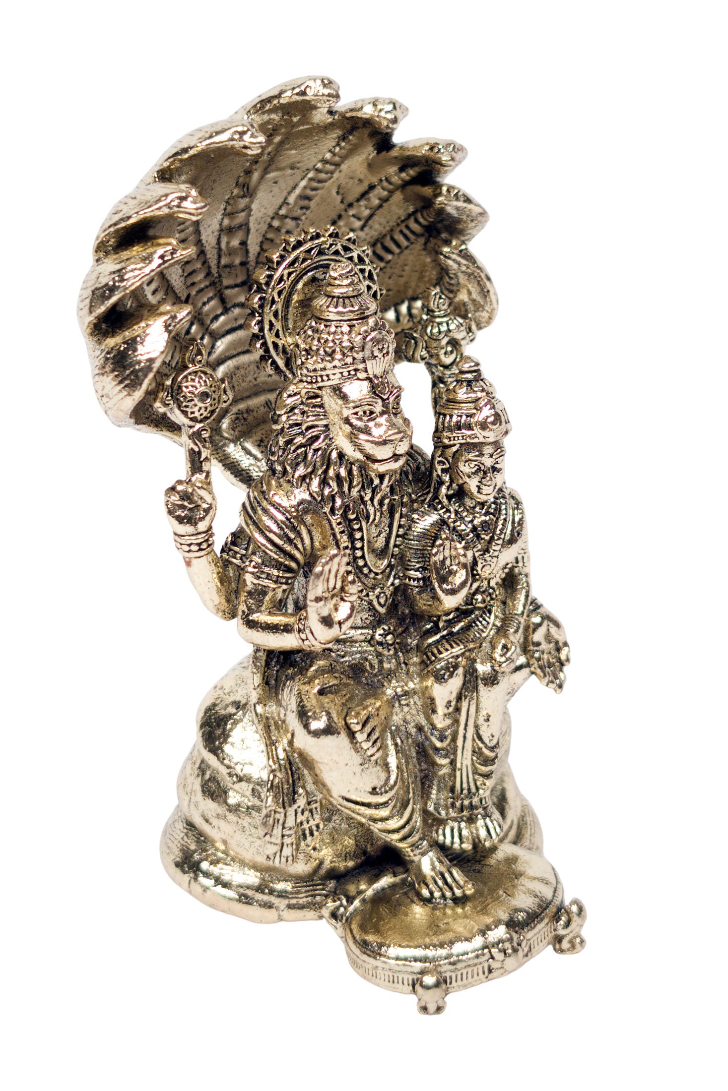 Lakshmi Narasimha ashtadhatu statue, right angle showing serpent hood canopy and Lakshmi beside Narasimha - Bhakti Shop
