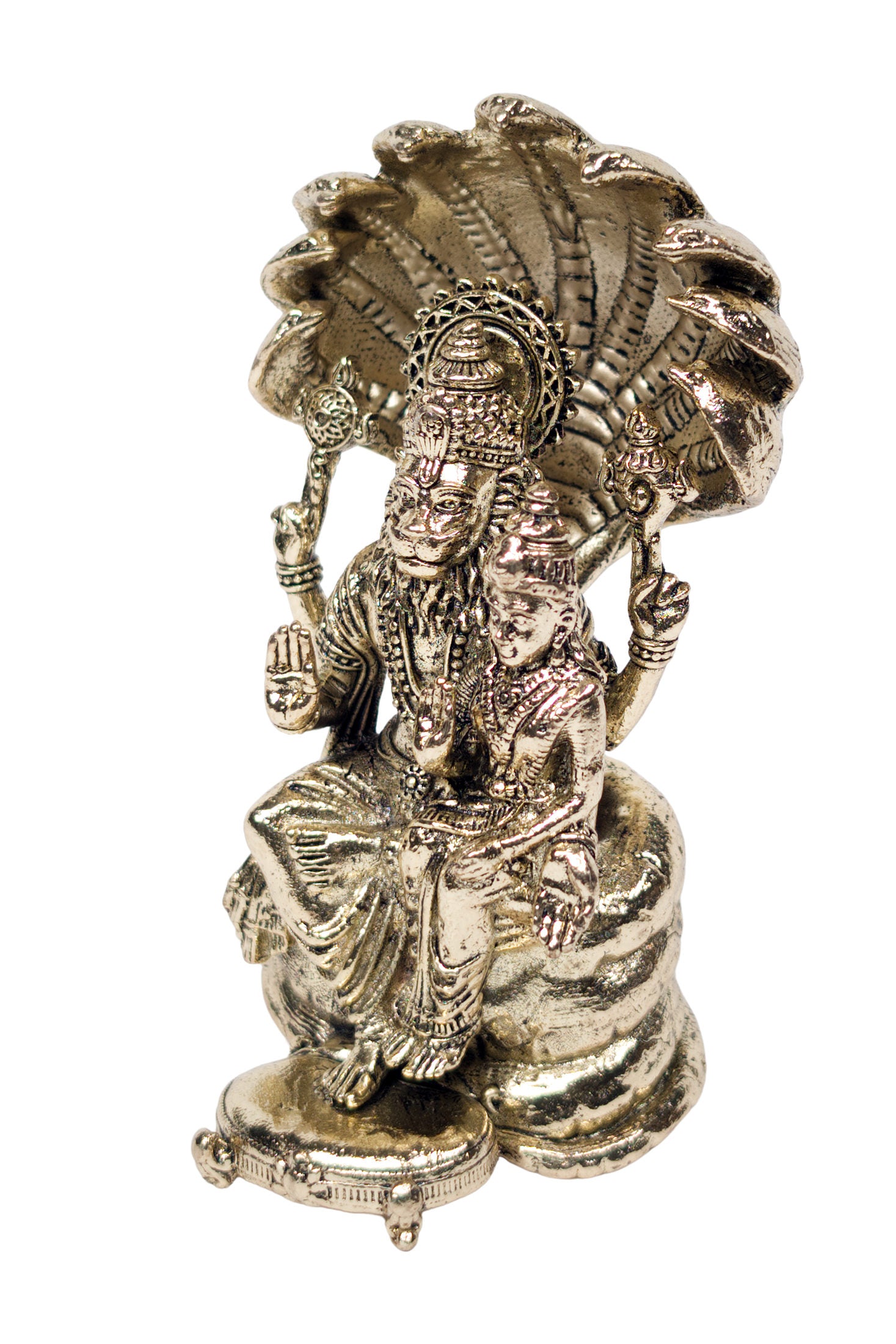 Left angle view of Lakshmi Narasimha murti, four arms visible holding attributes beneath Shesha canopy - Bhakti Shop