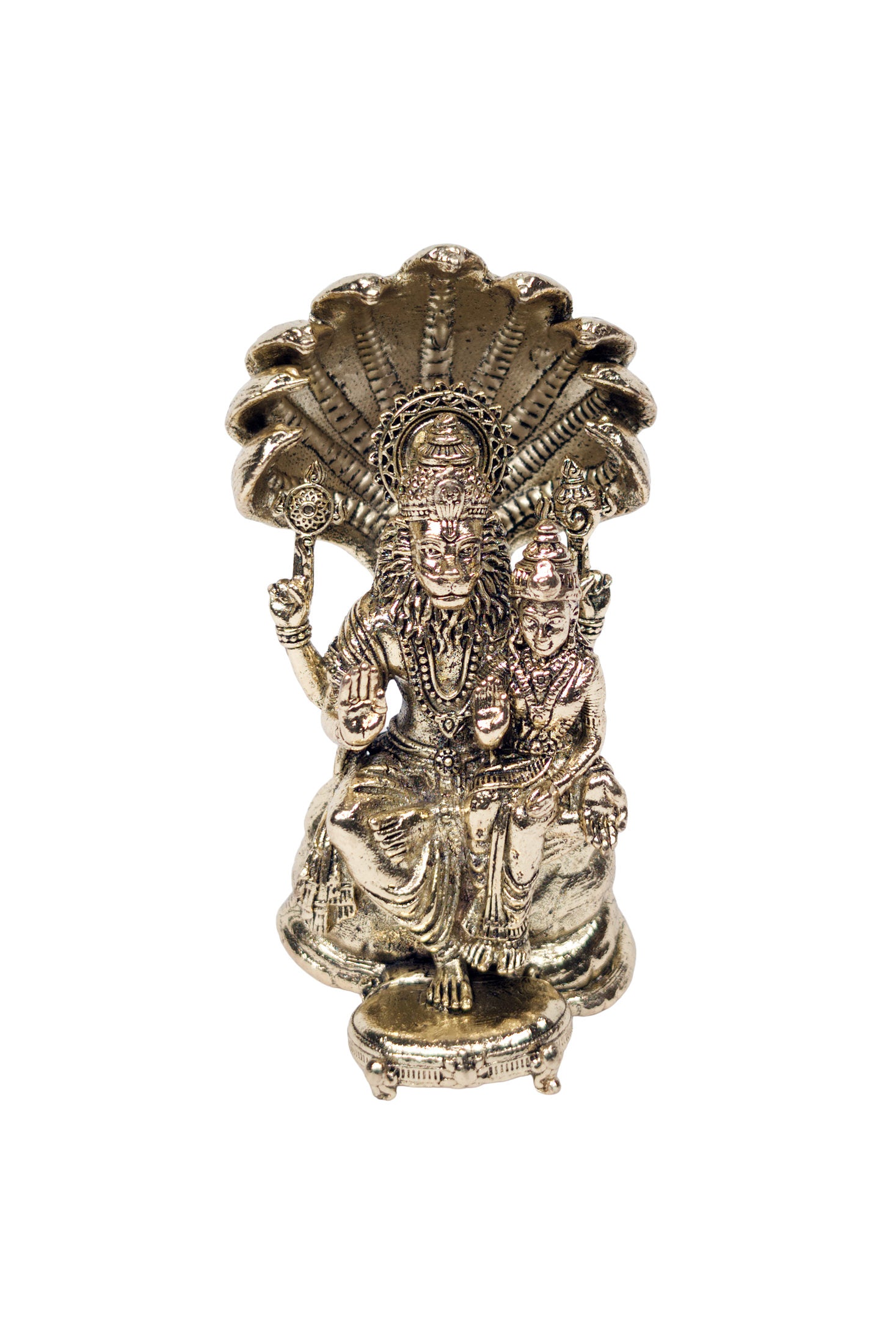 Ashtadhatu Lakshmi Narasimha murti with seven-headed Shesha serpent canopy, front view, 3.5 inches - Bhakti Shop