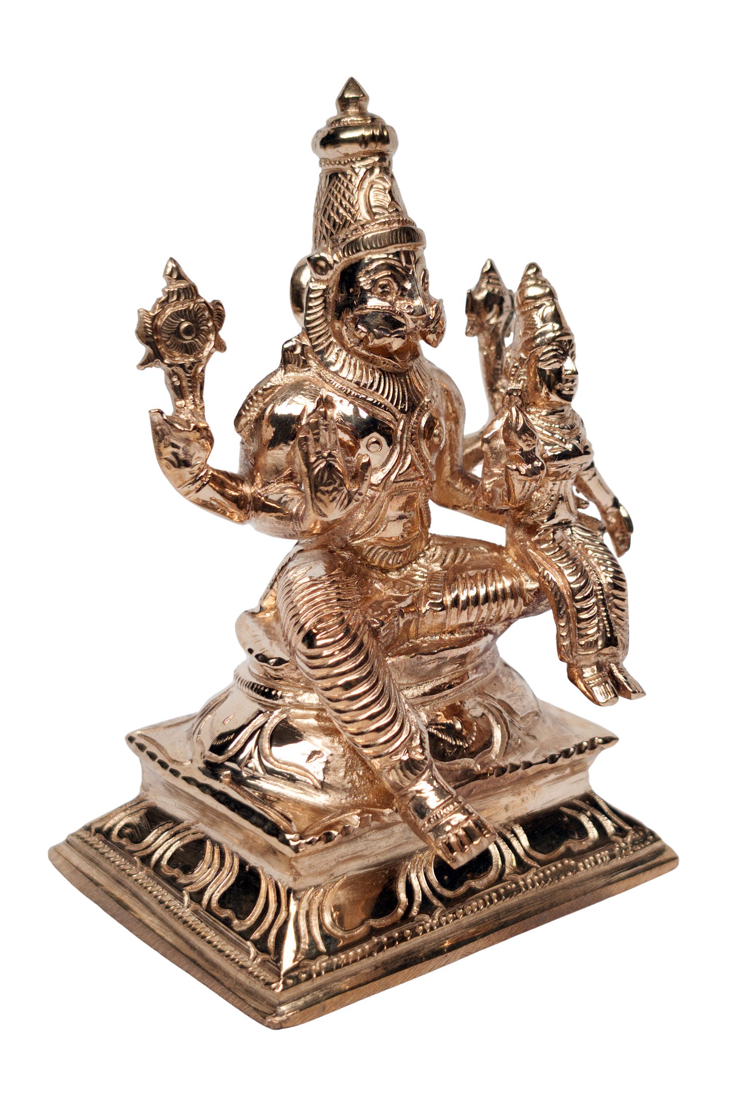 Lakshmi Narasimha panchadhatu statue, right angle showing four arms, kirita crown and engraved square base - Bhakti Shop
