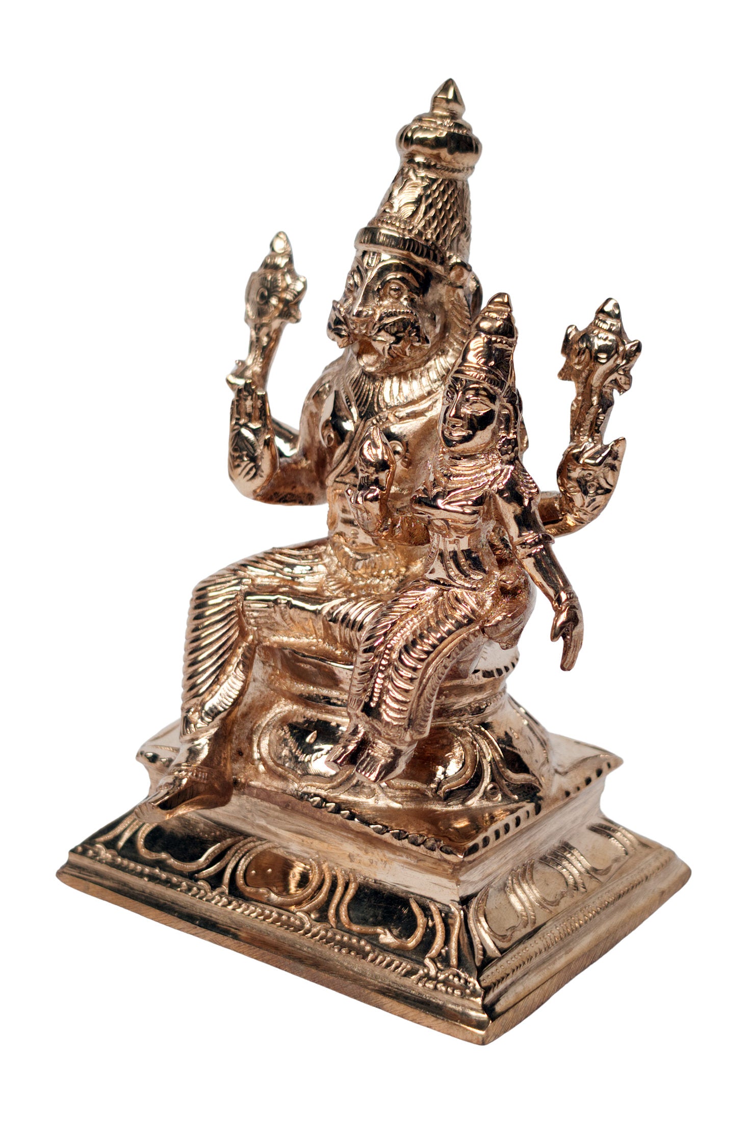 Left angle view of Lakshmi Narasimha murti, Lakshmi seated beside Narasimha, rose-gold finish, detailed drapery - Bhakti Shop