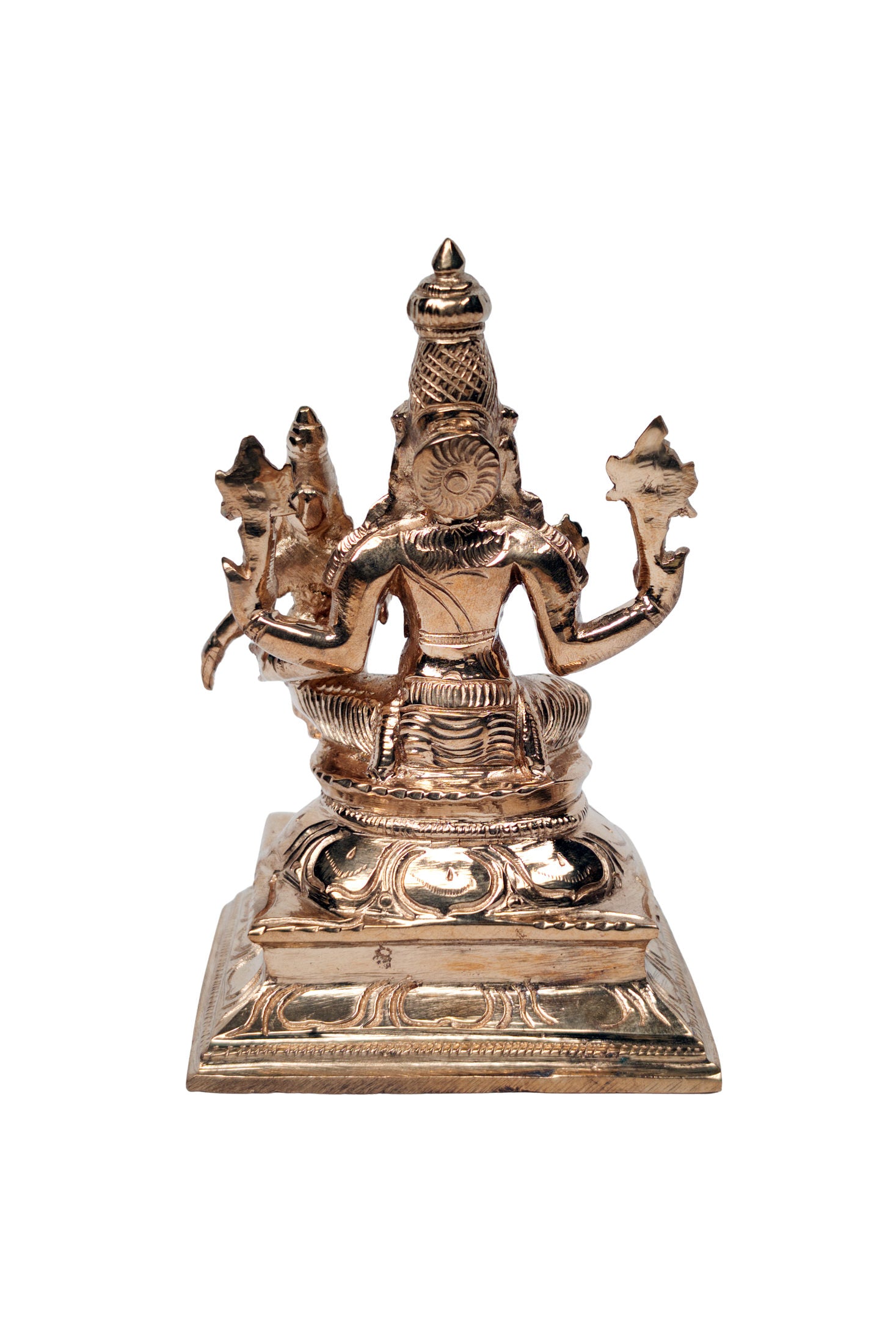 Back view of panchadhatu Narasimha murti showing four arms, disc and conch attributes, engraved square pedestal - Bhakti Shop