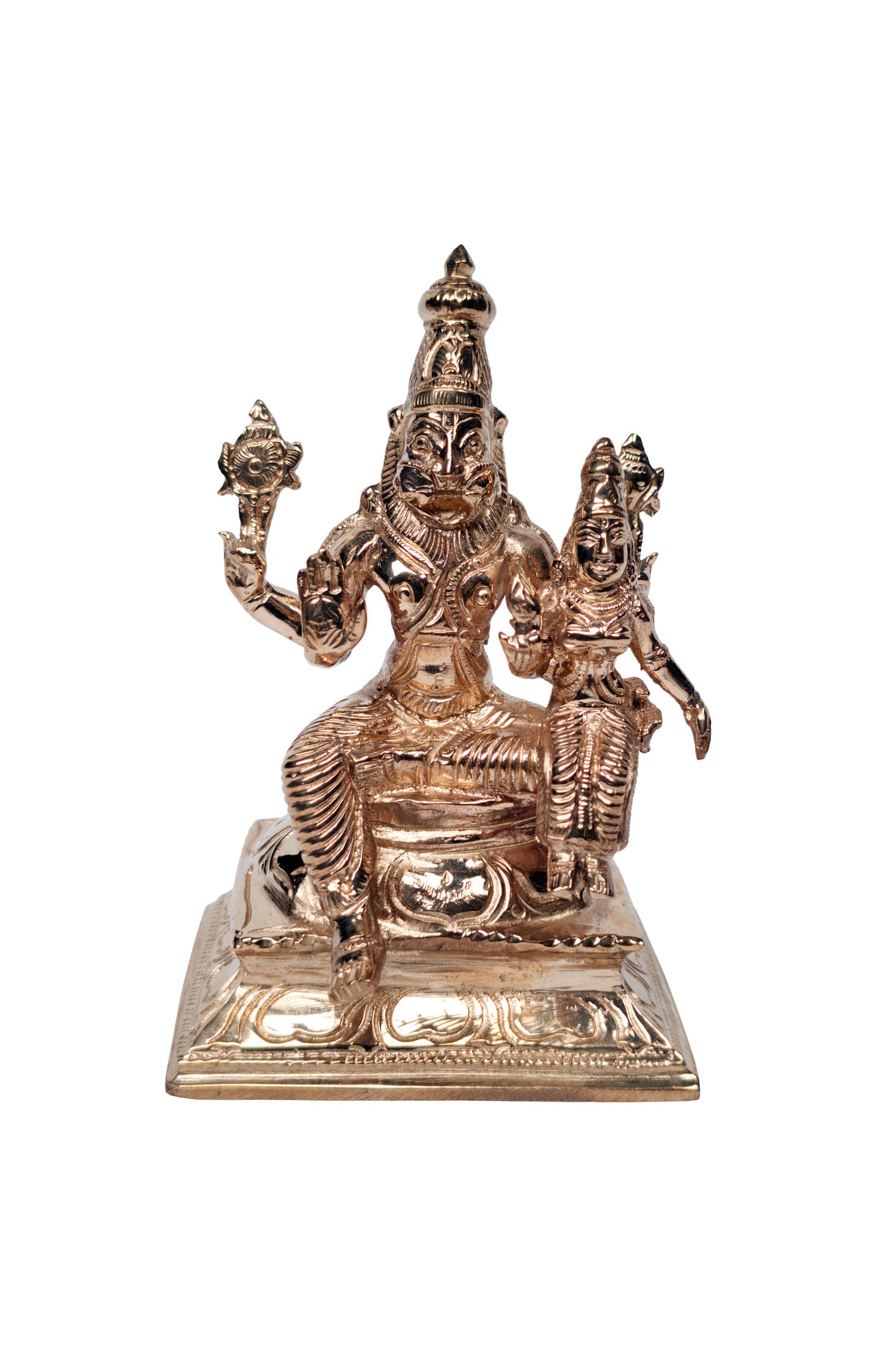 Panchadhatu Lakshmi Narasimha murti, front view, polished rose-gold tone, 5 inches tall on engraved base - Bhakti Shop
