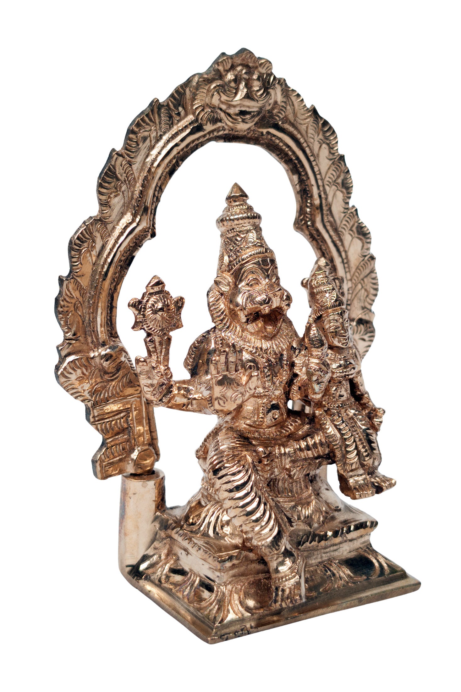 Lakshmi Narasimha panchadhatu statue, right angle showing prabhavali arch with lion apex and leaf scrollwork - Bhakti Shop