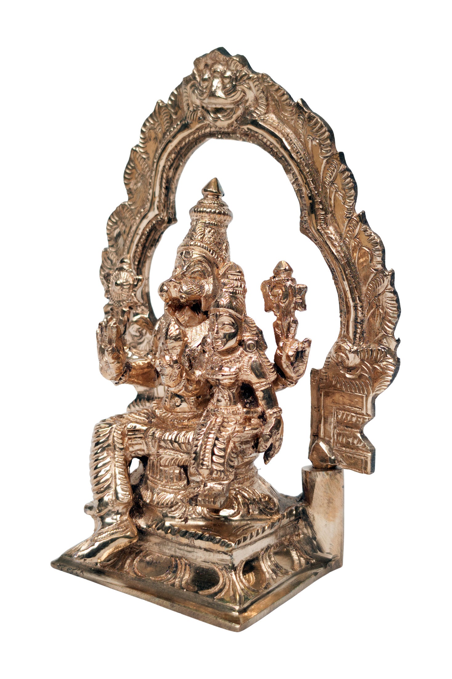 Left angle view of Lakshmi Narasimha with prabhavali arch, Lakshmi seated beside roaring Narasimha, rose-gold finish - Bhakti Shop