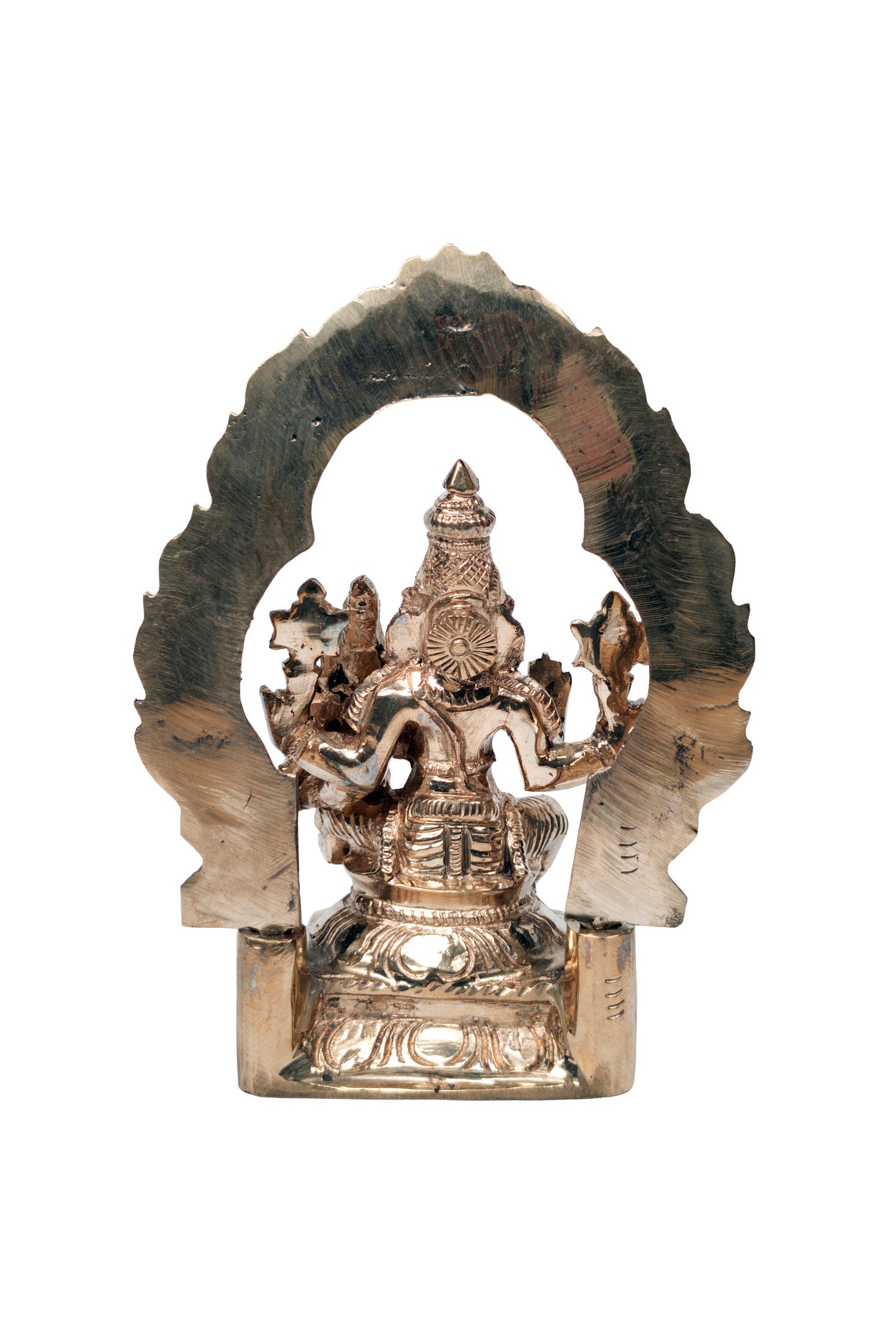 Back view of panchadhatu Narasimha murti showing reverse of prabhavali arch and four-armed form on square base - Bhakti Shop