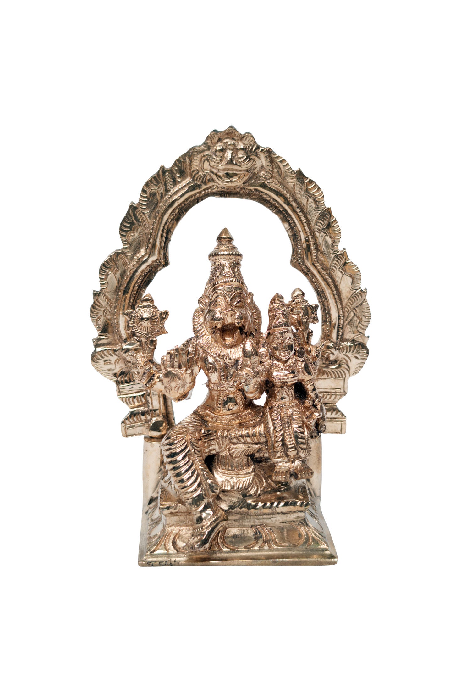 Panchadhatu Lakshmi Narasimha murti with prabhavali temple arch, front view, polished rose-gold, 6 inches - Bhakti Shop