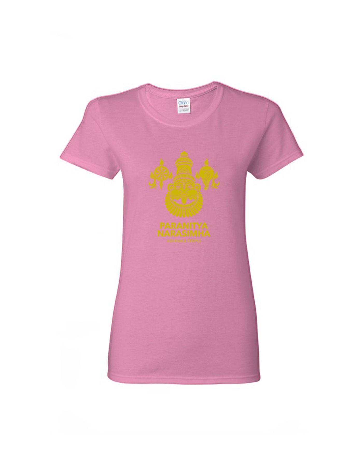 Light pink women's t-shirt with gold Paranitya Narasimha logo and Ashram & Temple text - Bhakti Shop